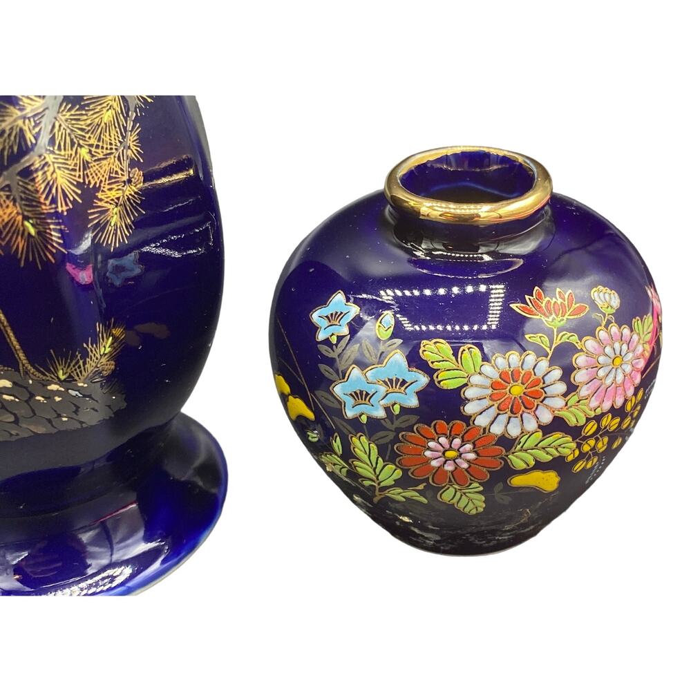 Vtg set of 3 Japanese Mini Vases Porcelain Cobalt Hand painted Peacock Oriental - Picture 3 of 6